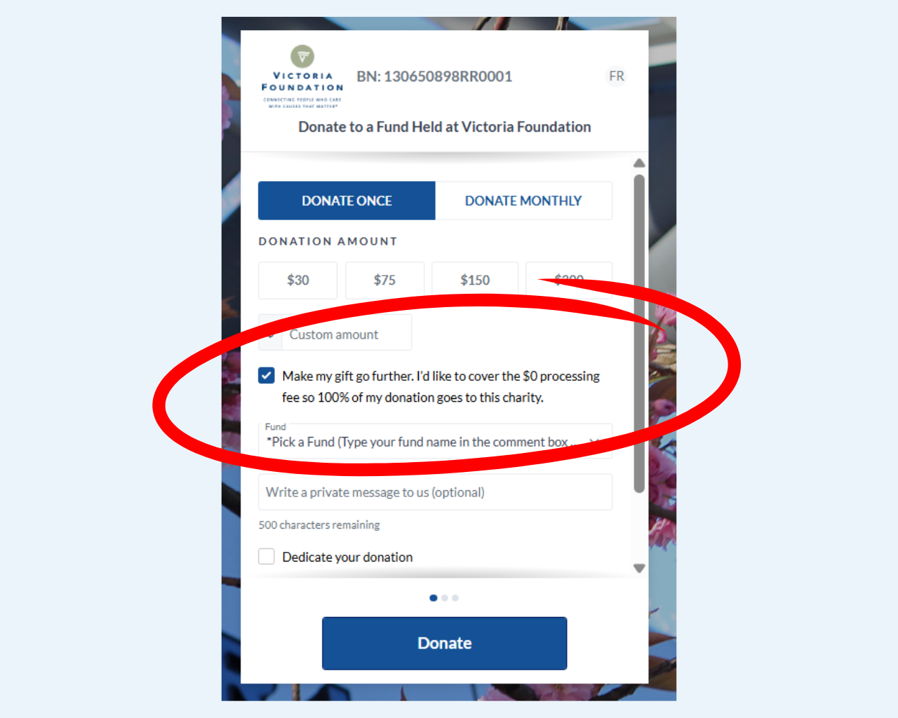Formulaire CanadaHelps avec la case facultative de prise en charge des frais cochée sous les montants de don.