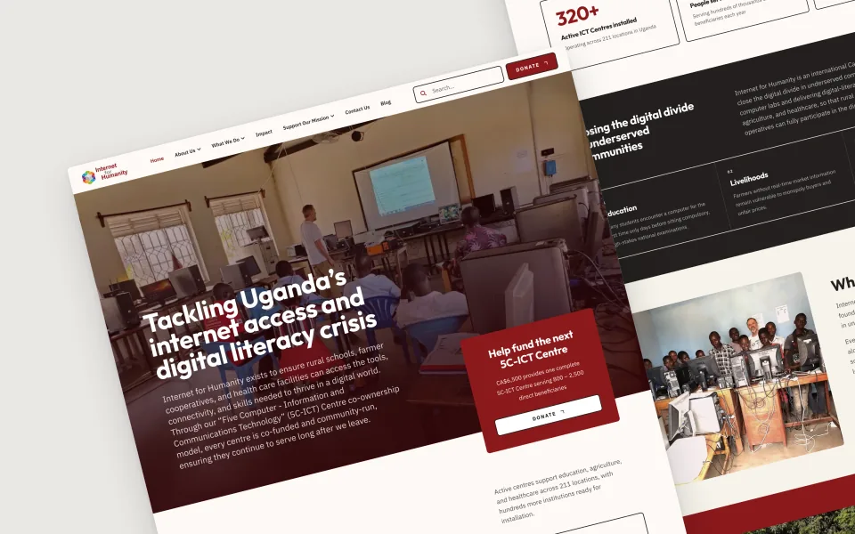 Angled, overlapping views of Internet for Humanity’s homepage, mission and community programs.
