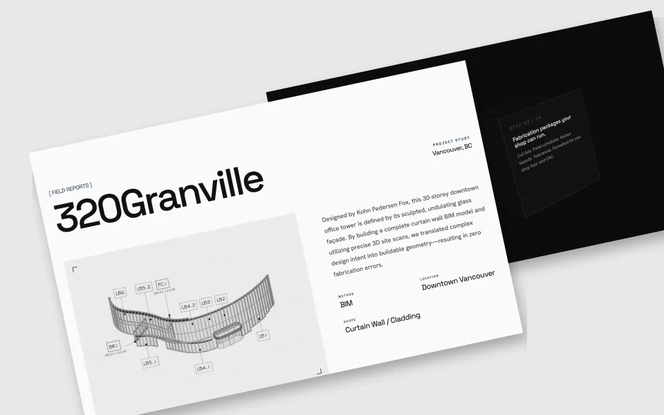 Angled views of Tesseract’s 320 Granville field report, with an annotated curtain wall drawing, and its mobile homepage.