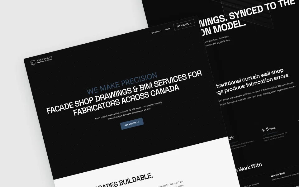 Angled, overlapping views of Tesseract’s homepage and facade shop drawings service page.