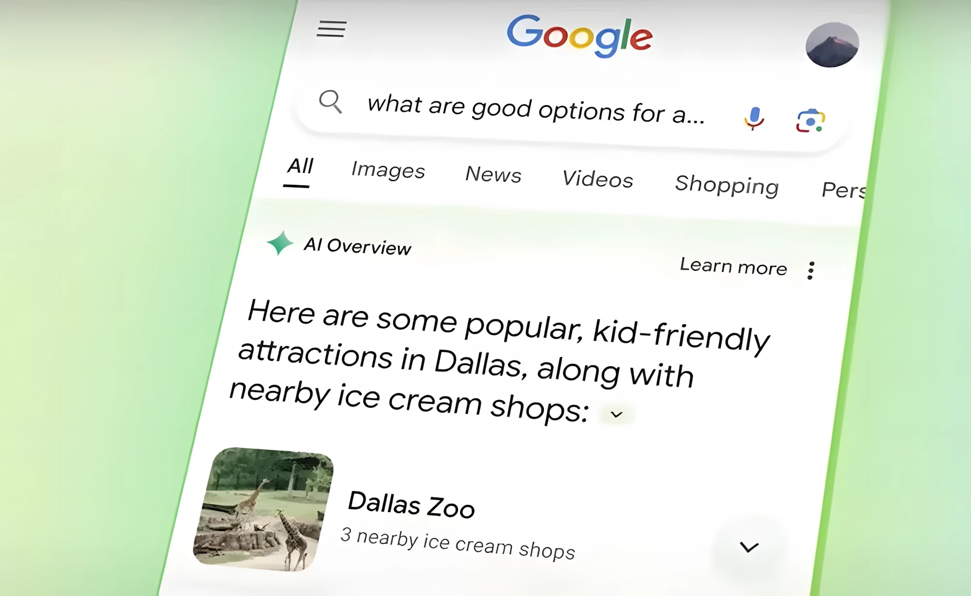A Zoo appearing as the top answer in an AI-powered search result.