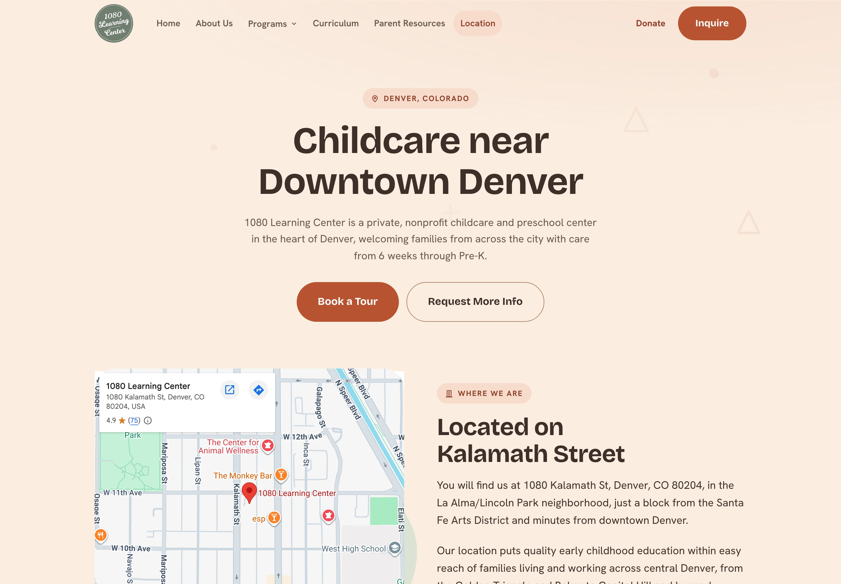 1080 Learning Center’s Location page, showing its Downtown Denver introduction, tour links and Kalamath Street map.