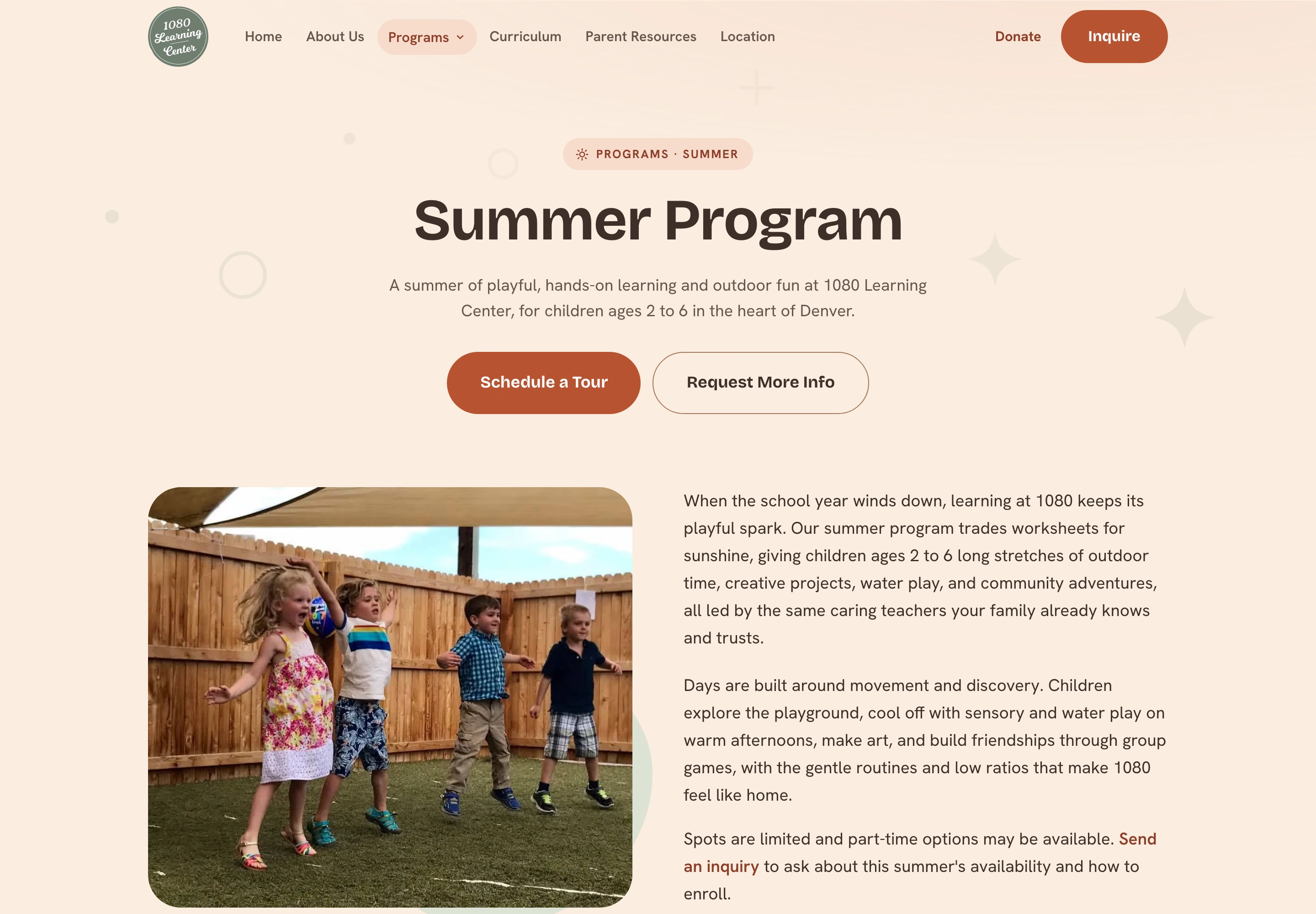 1080 Learning Center’s Summer Program page, with outdoor play photography, an introduction for ages two to six, and tour and information links.