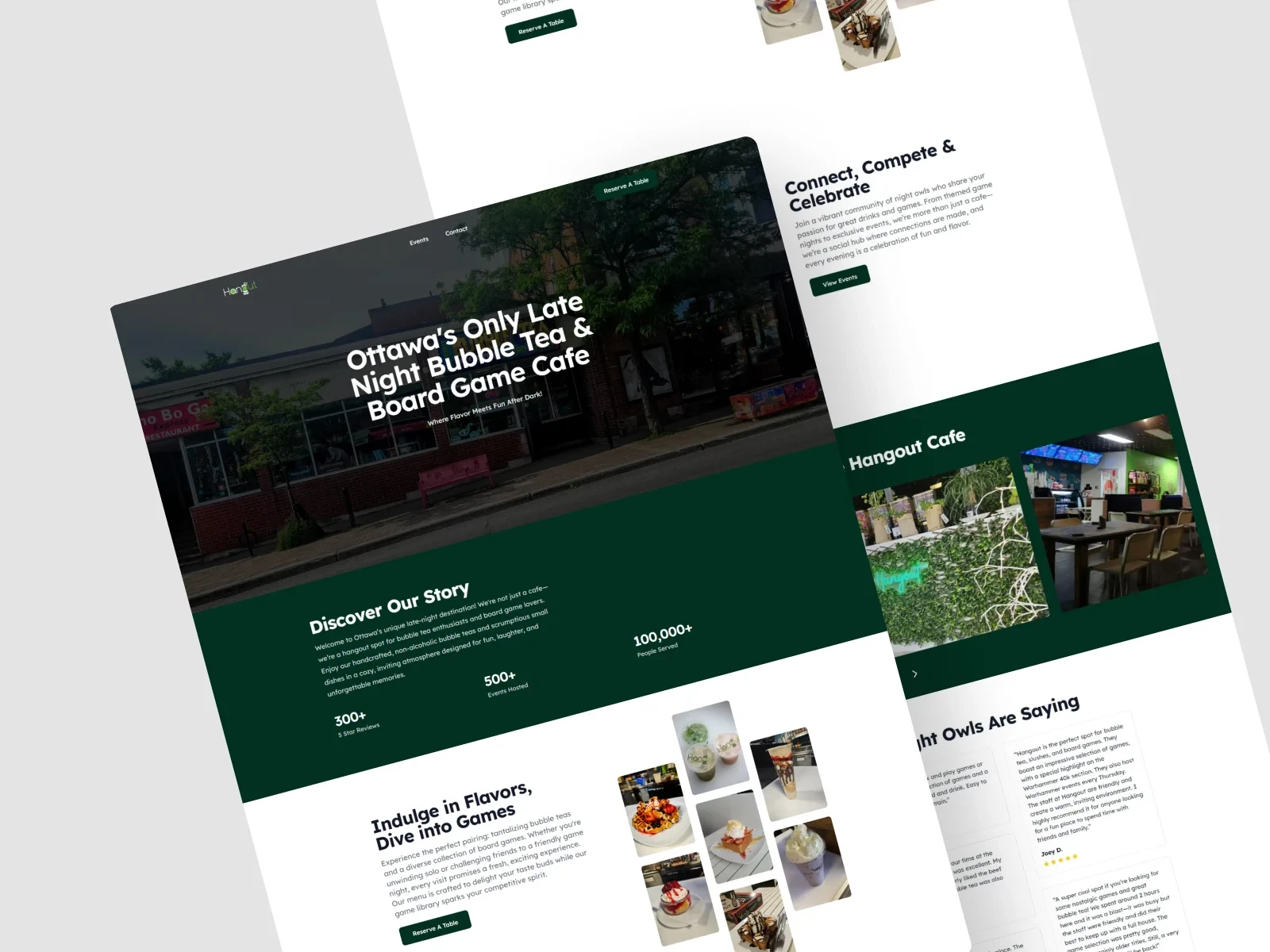 Pages du site Hangout Café : accueil, menu et réservations.