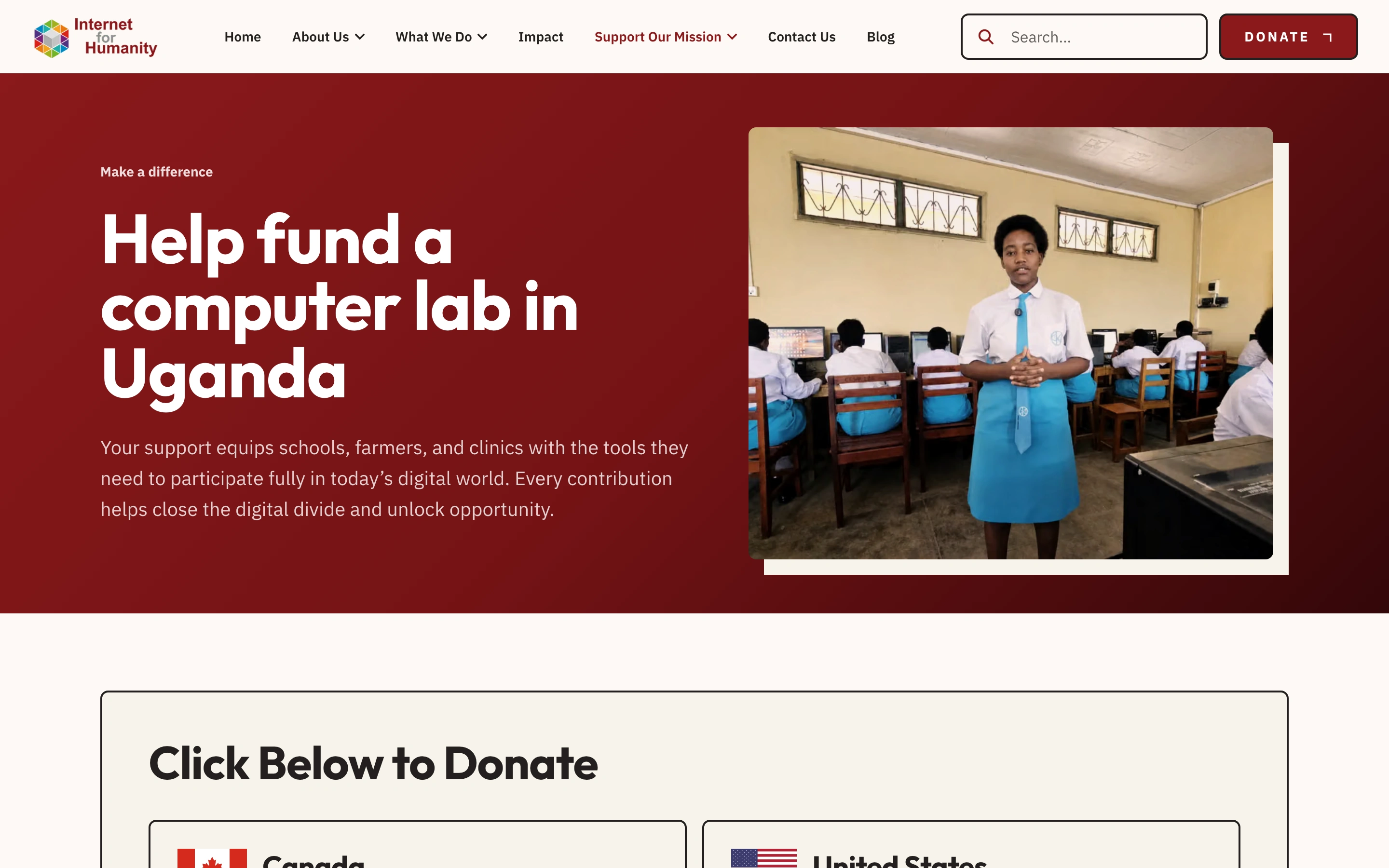La page de dons présente le financement d’un laboratoire informatique en Ouganda et les parcours pour les donateurs canadiens et américains.