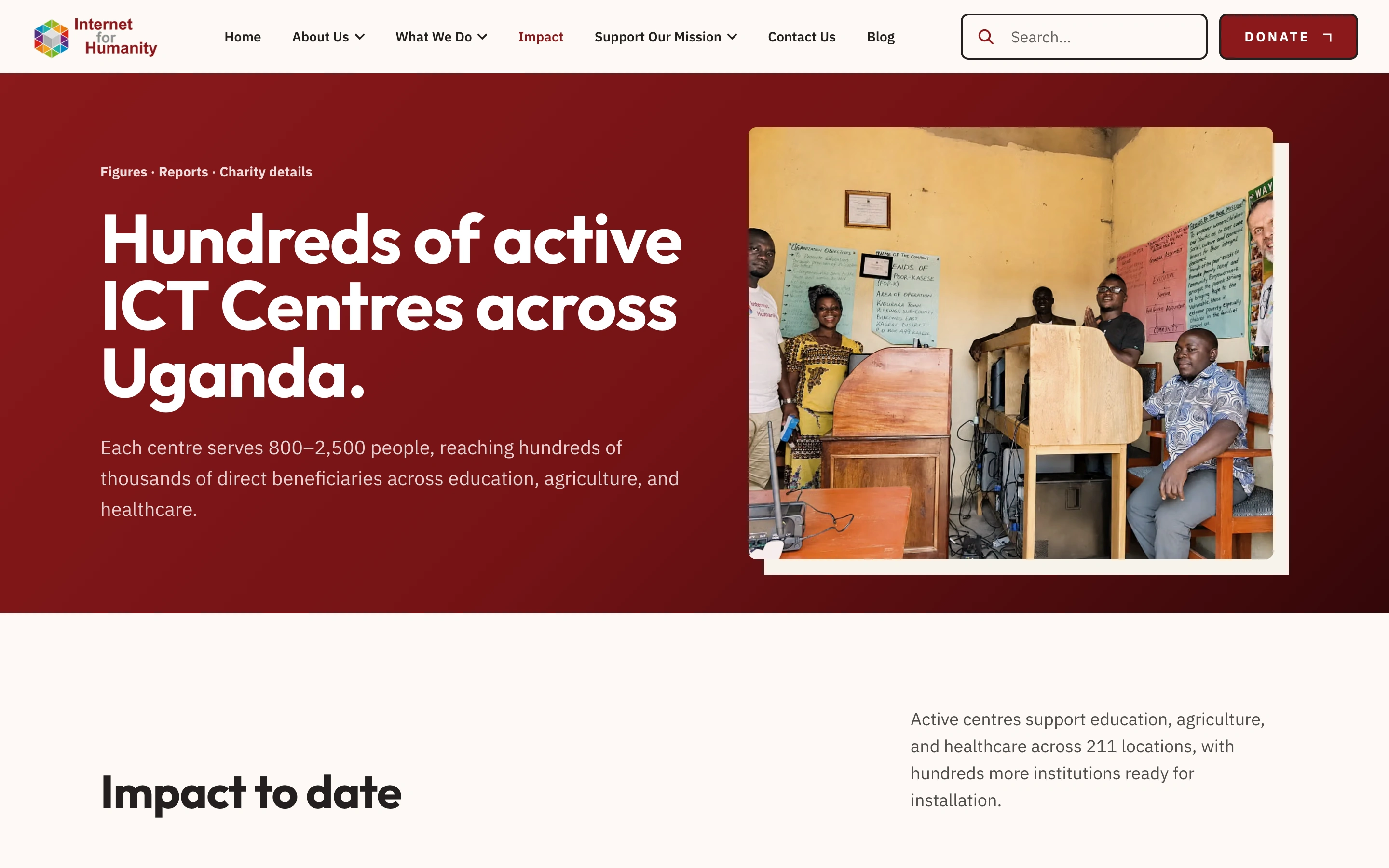 La page des résultats d’Internet for Humanity présente ses actions en éducation, en agriculture et en santé.