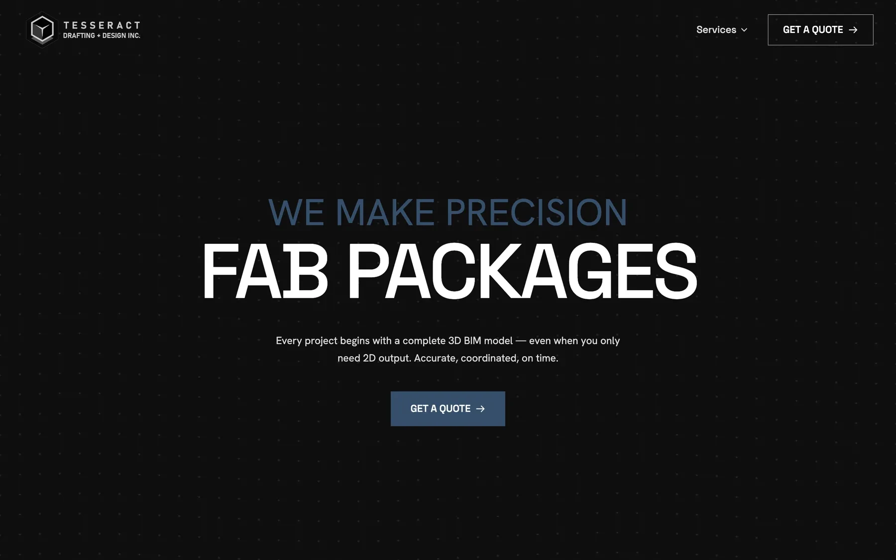 Homepage hero presenting Tesseract’s fabrication-ready BIM packages