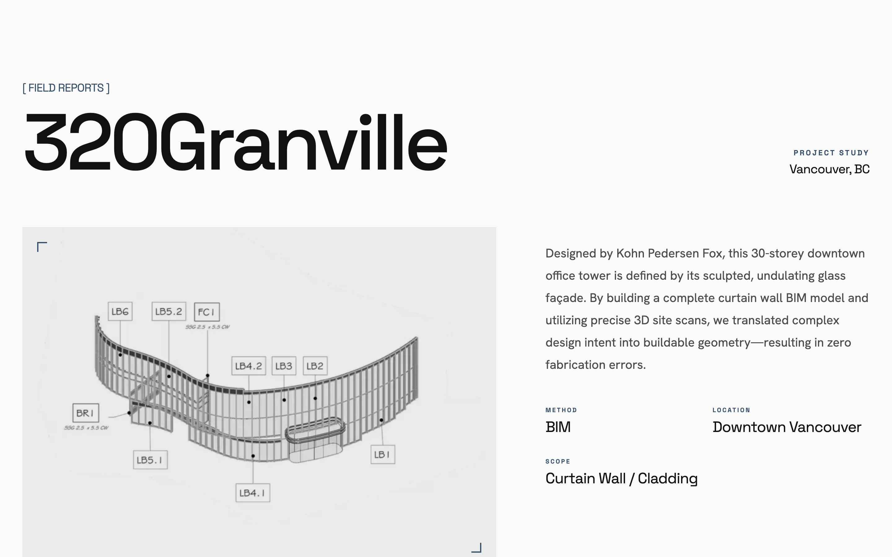 La page du projet 320 Granville de Tesseract, avec un dessin de façade, la méthode, l’emplacement et la portée du travail.